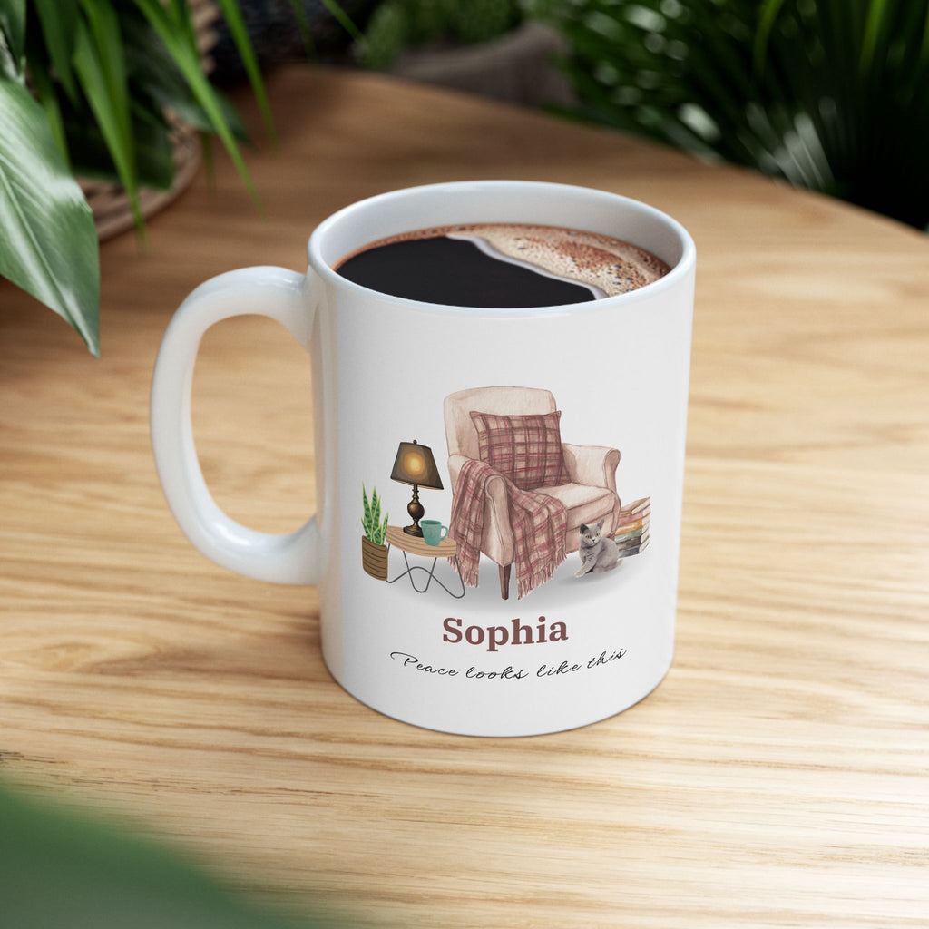 Personalized Cozy Cat Mug – Custom Name Coffee Cup, Peace Looks Like This Mug, Cat Lover Gift, Self Care Aesthetic Mug, Gift for Her