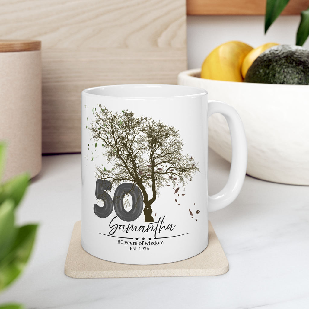 Personalized Tree Birthday Mug – Custom Age & Name, Tree with Falling Leaves Design, Meaningful Gift for Anniversary & Special Moments