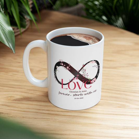 Personalized Infinity Love Mug – Forever Starts With Us | Anniversary & Wedding Gift