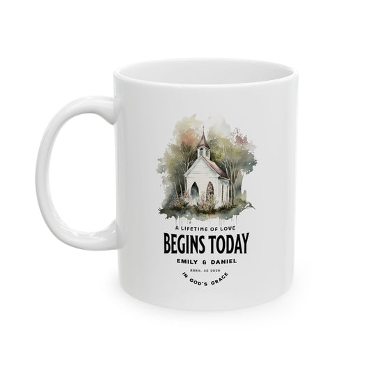 Personalized Wedding Mug with Names and Date, Church Wedding Gift, A Lifetime of Love Begins Today Mug, Custom Couple Gift, Bridal Shower Gift