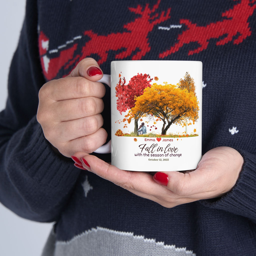 Personalized Fall Couple Mug | Custom Autumn Coffee Mug with Names & Date | Anniversary Gift for Couples | Watercolor Fall Trees Mug