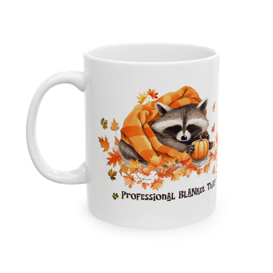 Professional Blanket Thief Raccoon Mug | Funny Fall Coffee Mug | Cozy Autumn Raccoon Mug | Pumpkin Coffee Cup | Cute Woodland Gift