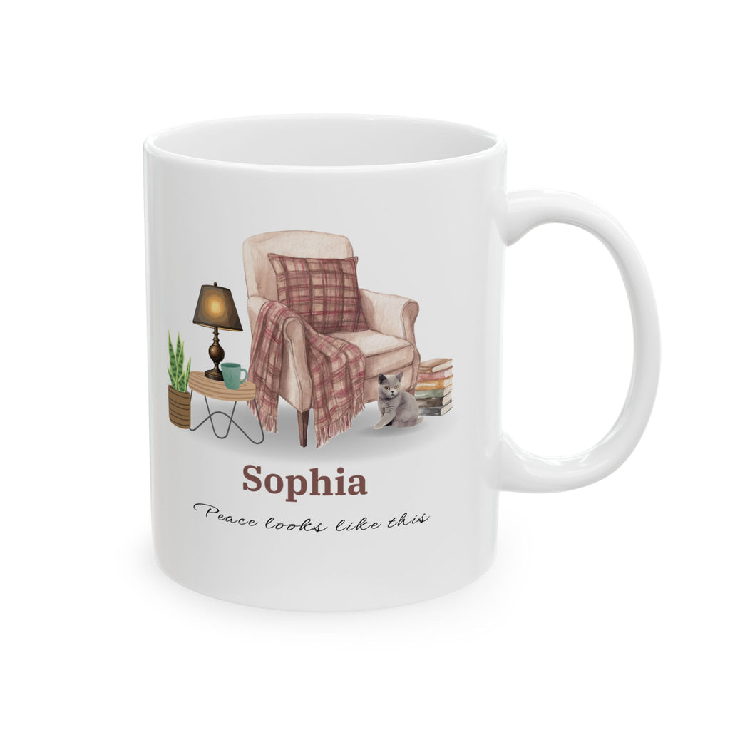Personalized Cozy Cat Mug – Custom Name Coffee Cup, Peace Looks Like This Mug, Cat Lover Gift, Self Care Aesthetic Mug, Gift for Her