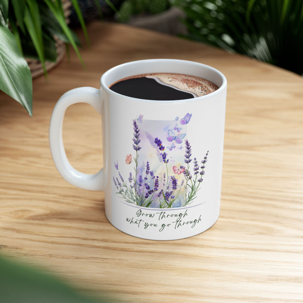 Lavender Butterfly Mug – “Grow Through What You Go Through” Inspirational Floral Coffee Cup, Meaningful Gift for Valentine’s Day, Birthday, Anniversary, Wedding