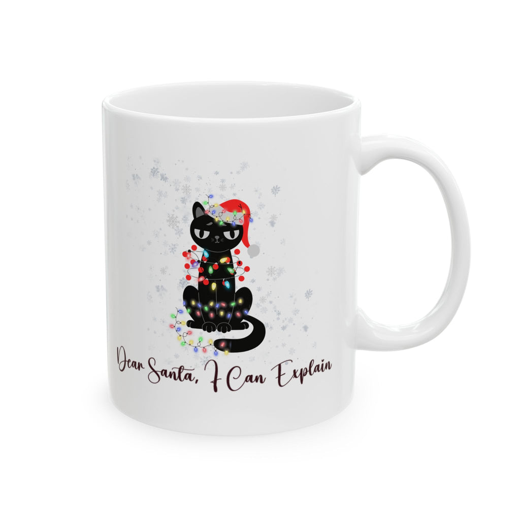 Funny Christmas Cat Mug - "Dear Santa, I Can Explain" Ceramic Coffee Cup - Holiday Gift for Cat Lovers