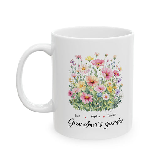 Personalized Grandma’s Garden Mug with Names, Custom Floral Mug for Grandma, Nana Mimi Mom Gift, Grandchildren Names Coffee Mug, Mother’s Day Gift