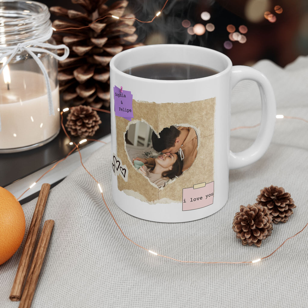 Personalized Photo Mug – Vintage Paper Heart Love Gift with Names