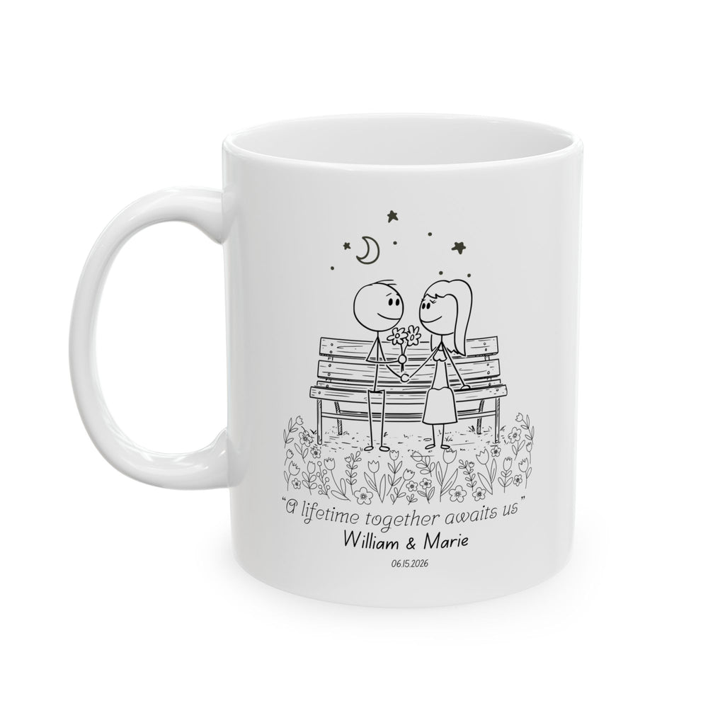 Personalized Wedding Mug for Couple – “A Lifetime Together Awaits Us” Custom Coffee Cup, Romantic Engagement Gift, Bride & Groom Mug with Names and Date