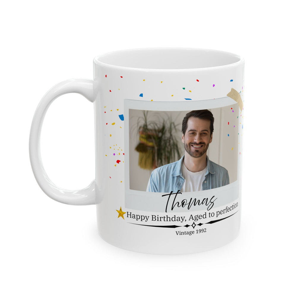 Personalized Vintage Birthday Mug – Aged to Perfection Camera Photo Design with Year