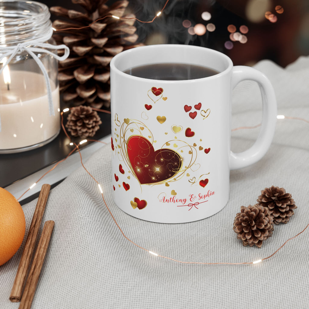 Personalized Heart Mug – Red and Gold Love Design with Couple Names