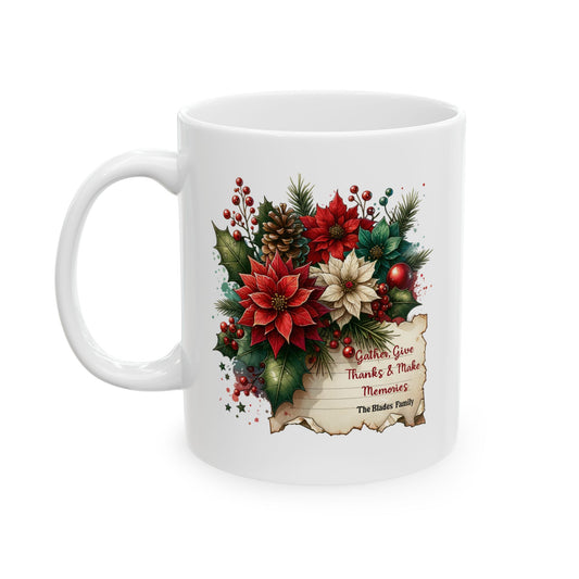 Personalized Christmas Family Mug, Custom Holiday Poinsettia Mug with Name, Thanksgiving Gift Mug