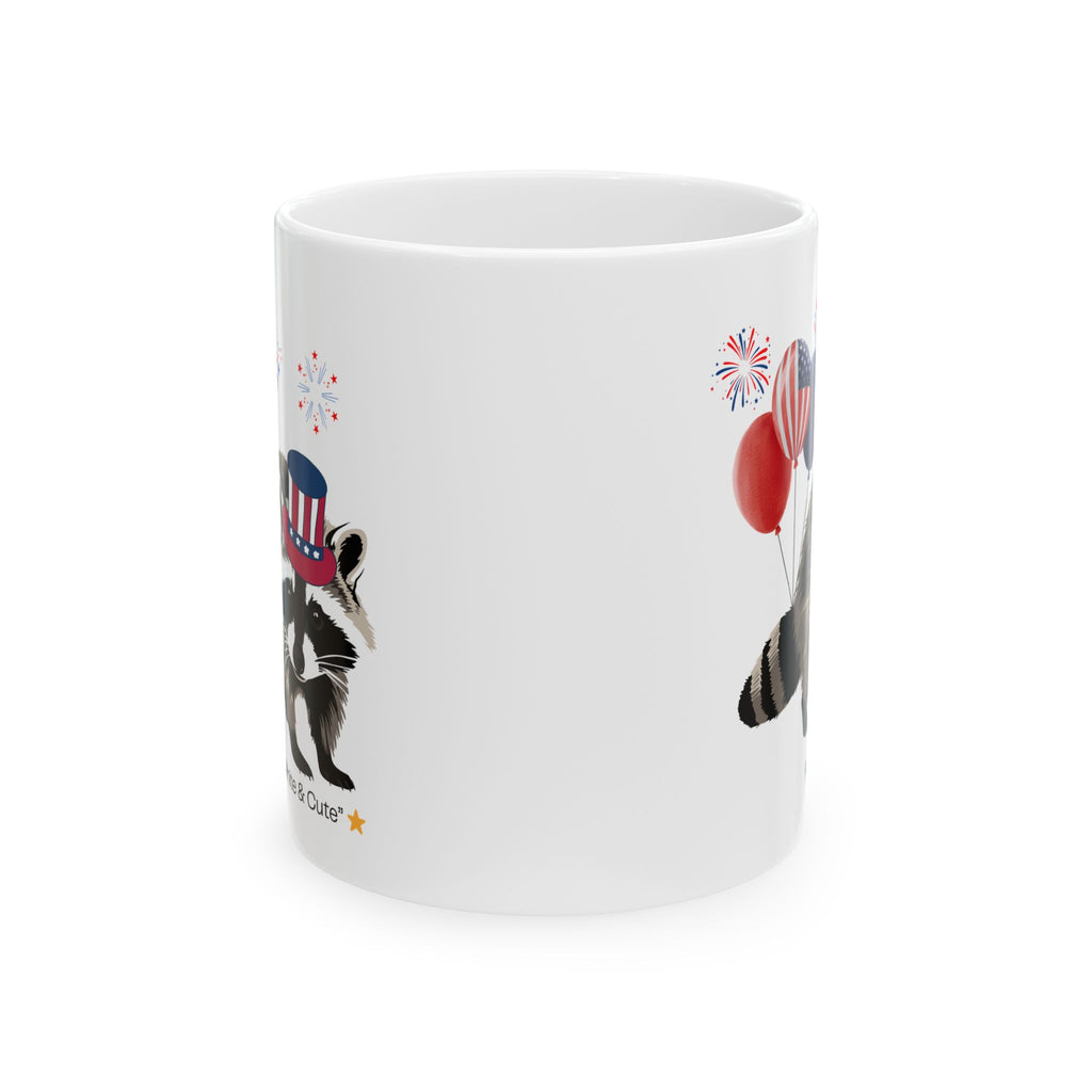 Patriotic Raccoon Mug – Red, White & Cute Design with Balloons, Fun USA Coffee Cup Gift