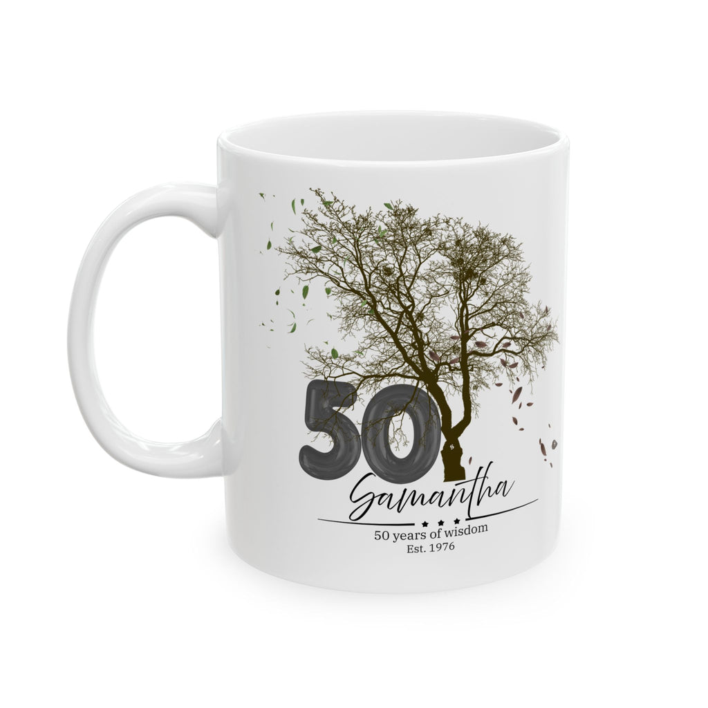 Personalized Tree Birthday Mug – Custom Age & Name, Tree with Falling Leaves Design, Meaningful Gift for Anniversary & Special Moments