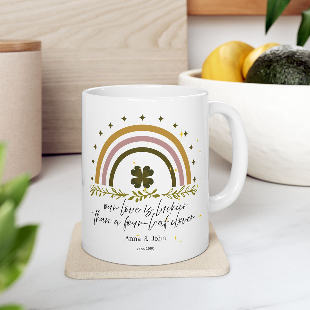 Personalized Vintage Rainbow Clover Mug – “Our Love Is More Lucky Than the Clover Leaf” – Custom Name & Year Gift – Lucky St. Patrick’s Day Mug