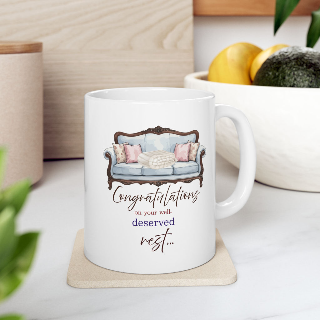 Retirement Mug – “Congratulations on Your Well-Deserved Rest”, Cozy Sofa Design, Gift for Retiree, Retirement Gift Mug
