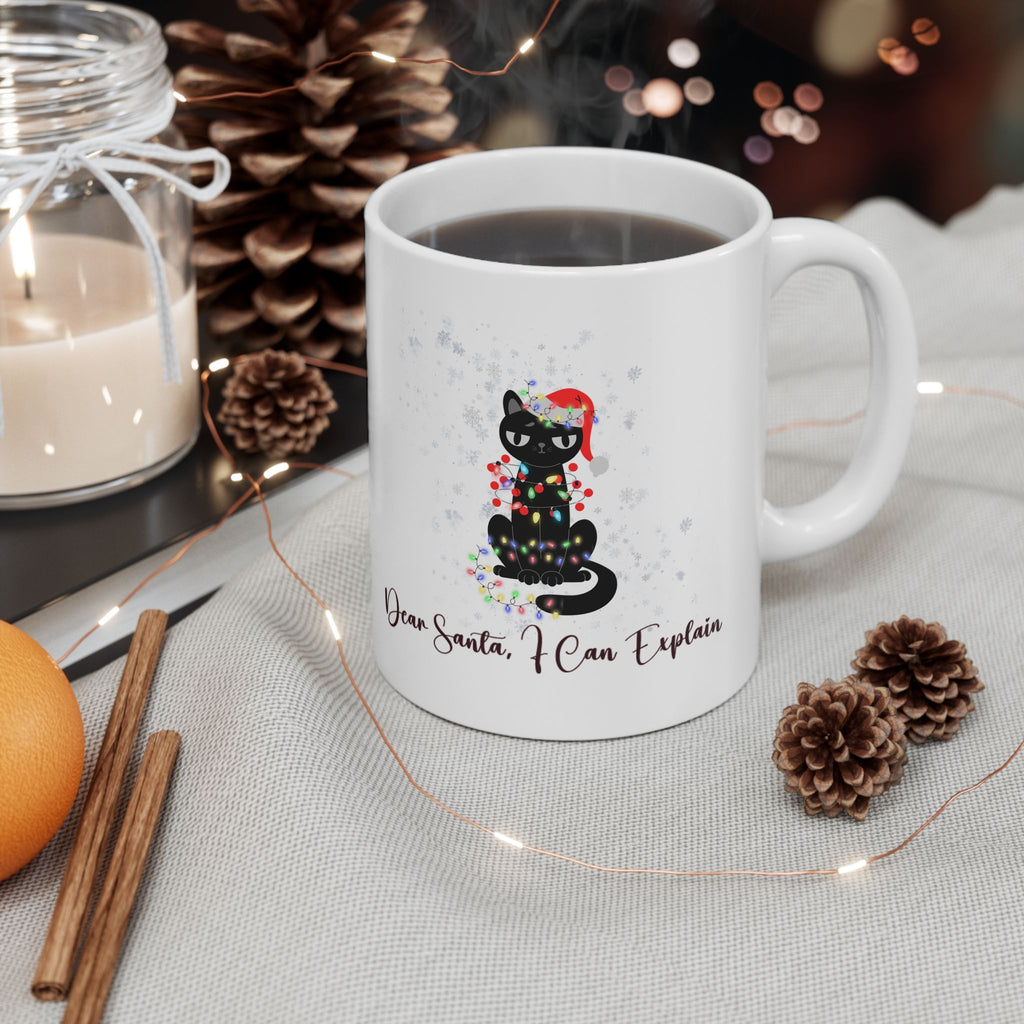 Funny Christmas Cat Mug - "Dear Santa, I Can Explain" Ceramic Coffee Cup - Holiday Gift for Cat Lovers