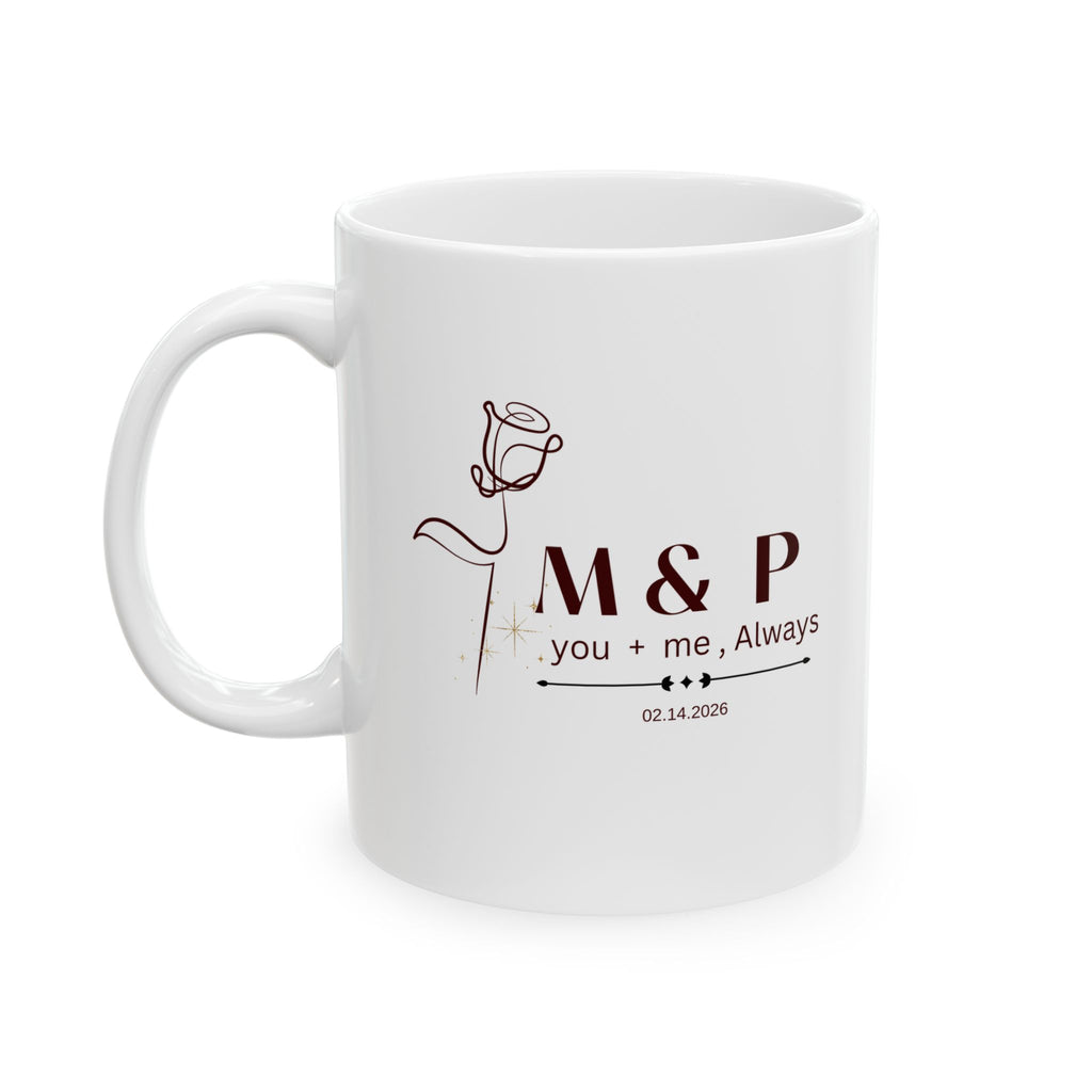 Personalized Initials Couple Mug – Line Art Rose Design with Romantic Quote, Anniversary, Wedding & Birthday Gift