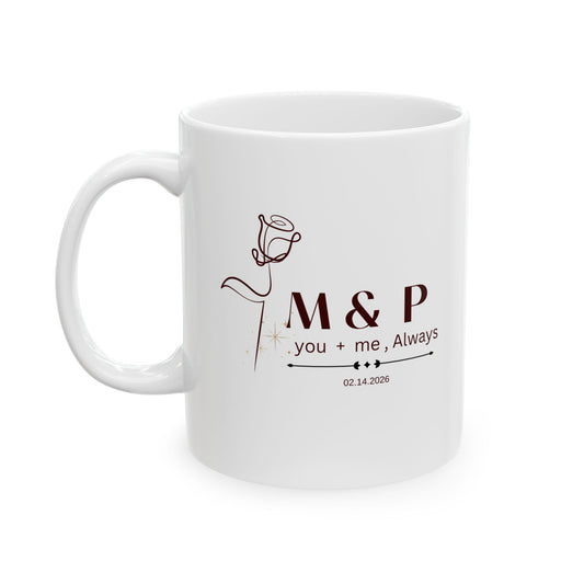 Personalized Initials Couple Mug – Line Art Rose Design with Romantic Quote, Anniversary, Wedding & Birthday Gift