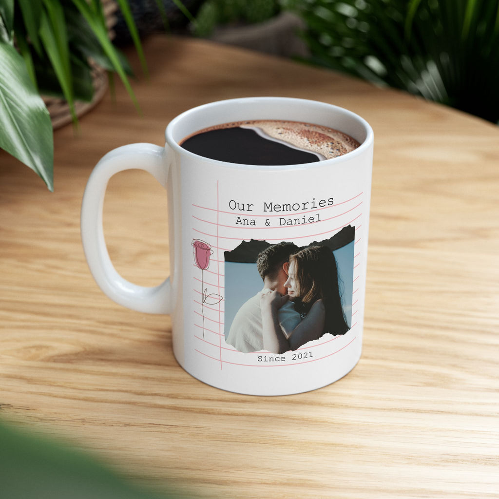 Personalized Couple Photo Mug – Our Memories Notebook Style with Names and Year