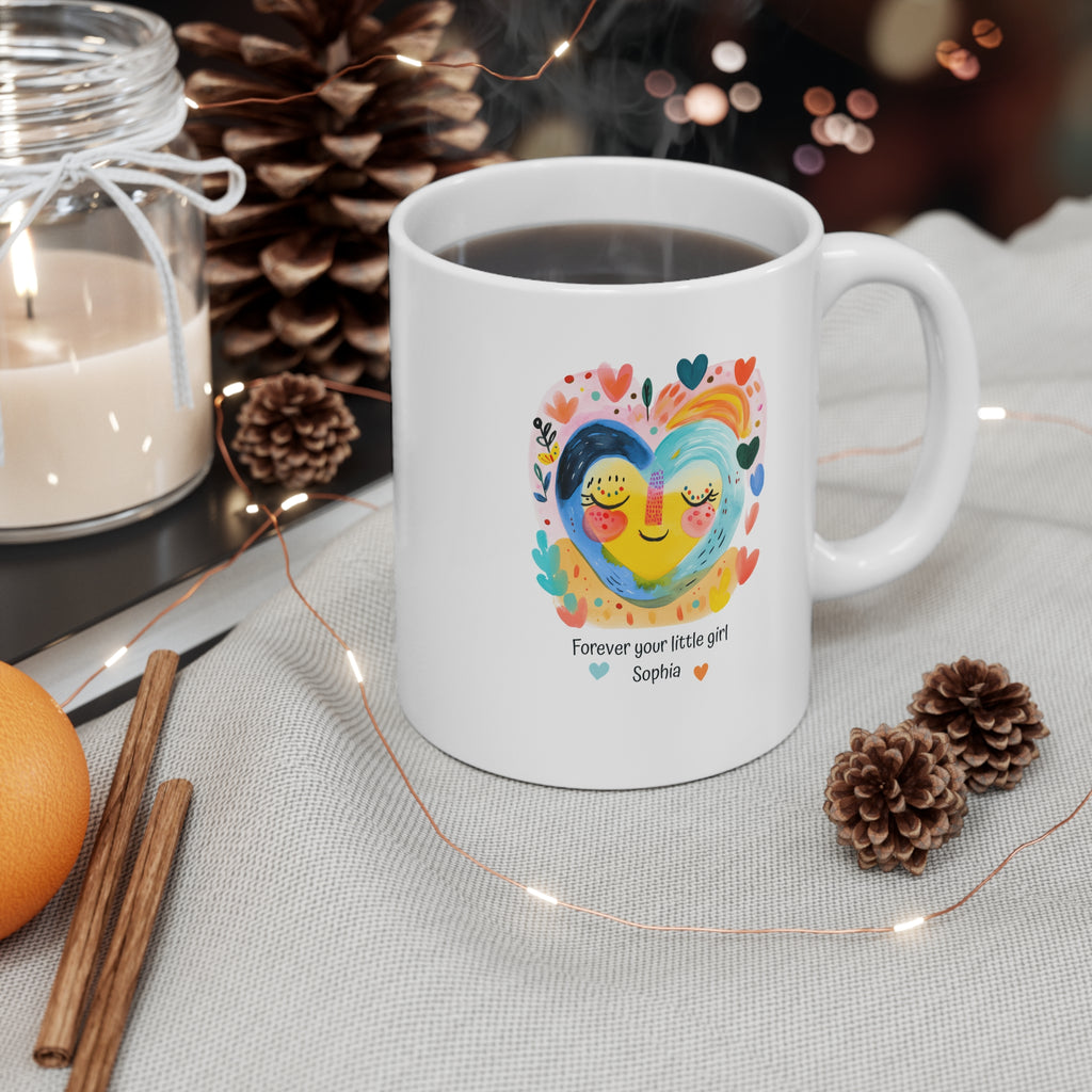 Personalized Mom Mug with Child Name – “Forever Your Little Girl” Custom Gift for Mom, Cute Colorful Heart Coffee Cup, Mother’s Day Gift from Daughter