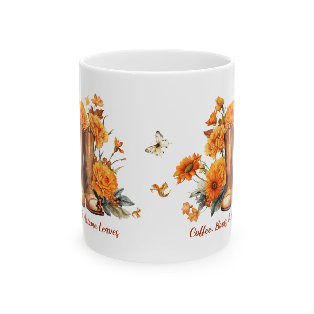 Coffee Boots & Autumn Leaves Mug | Fall Coffee Mug | Western Autumn Mug | Sunflower Fall Coffee Cup | Cozy Fall Gift for Women