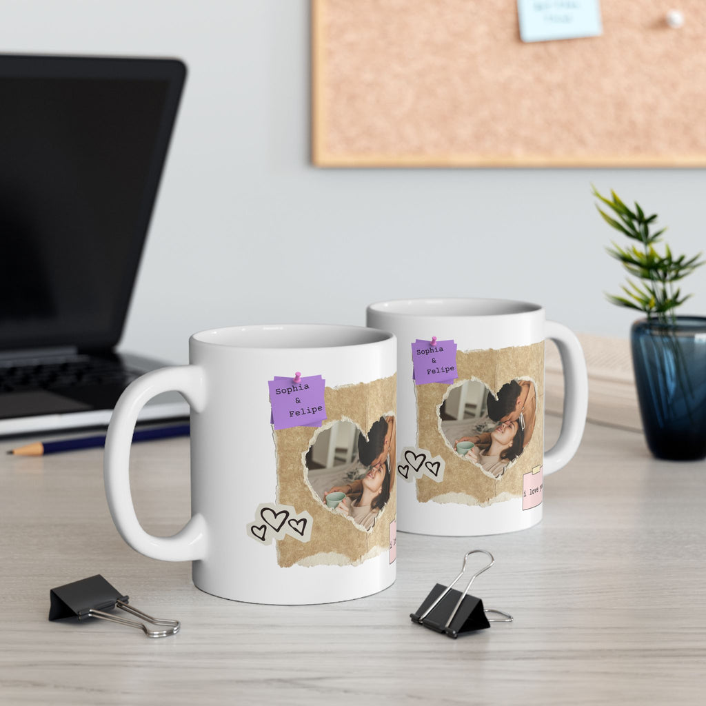 Personalized Photo Mug – Vintage Paper Heart Love Gift with Names