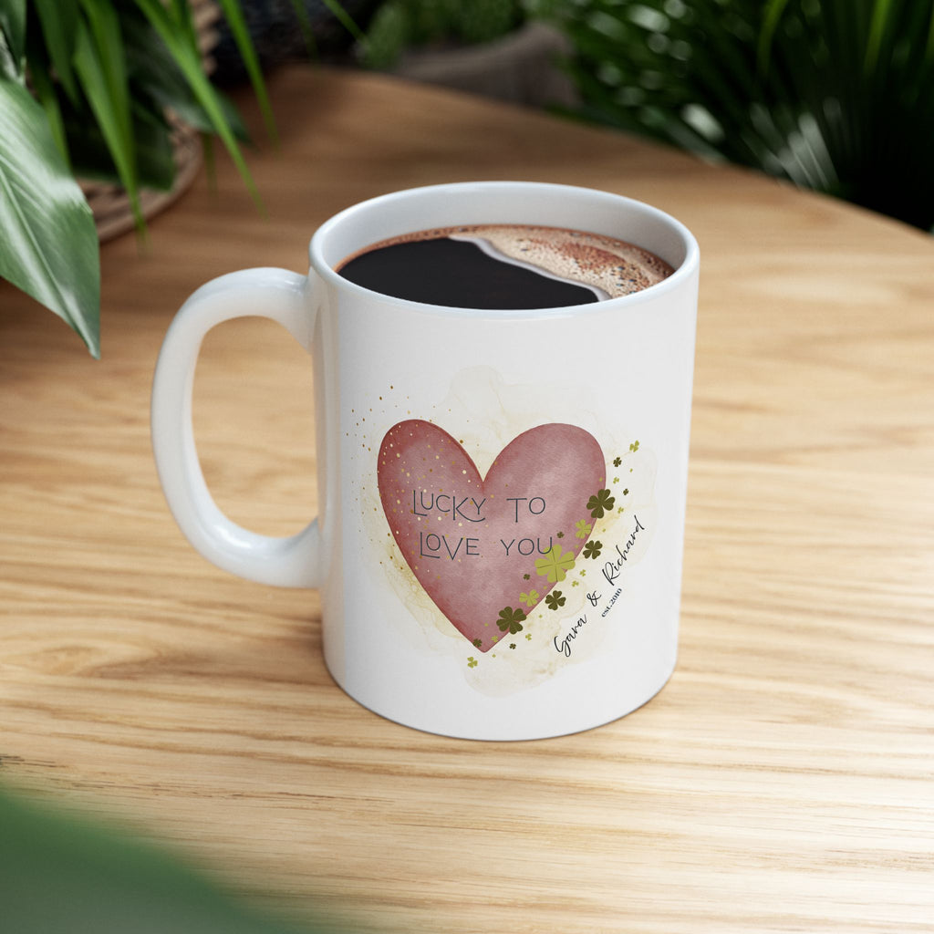 Lucky to Love You Personalized Mug – Custom Couple Coffee Mug with Names, St. Patrick’s Day Gift, Anniversary or Valentine’s Gift