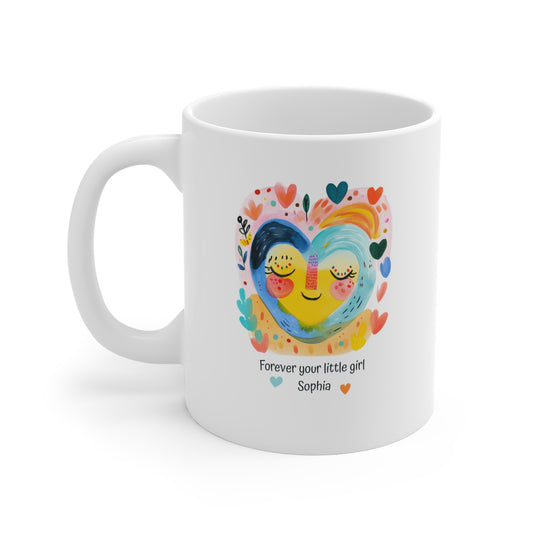 Personalized Mom Mug with Child Name – “Forever Your Little Girl” Custom Gift for Mom, Cute Colorful Heart Coffee Cup, Mother’s Day Gift from Daughter