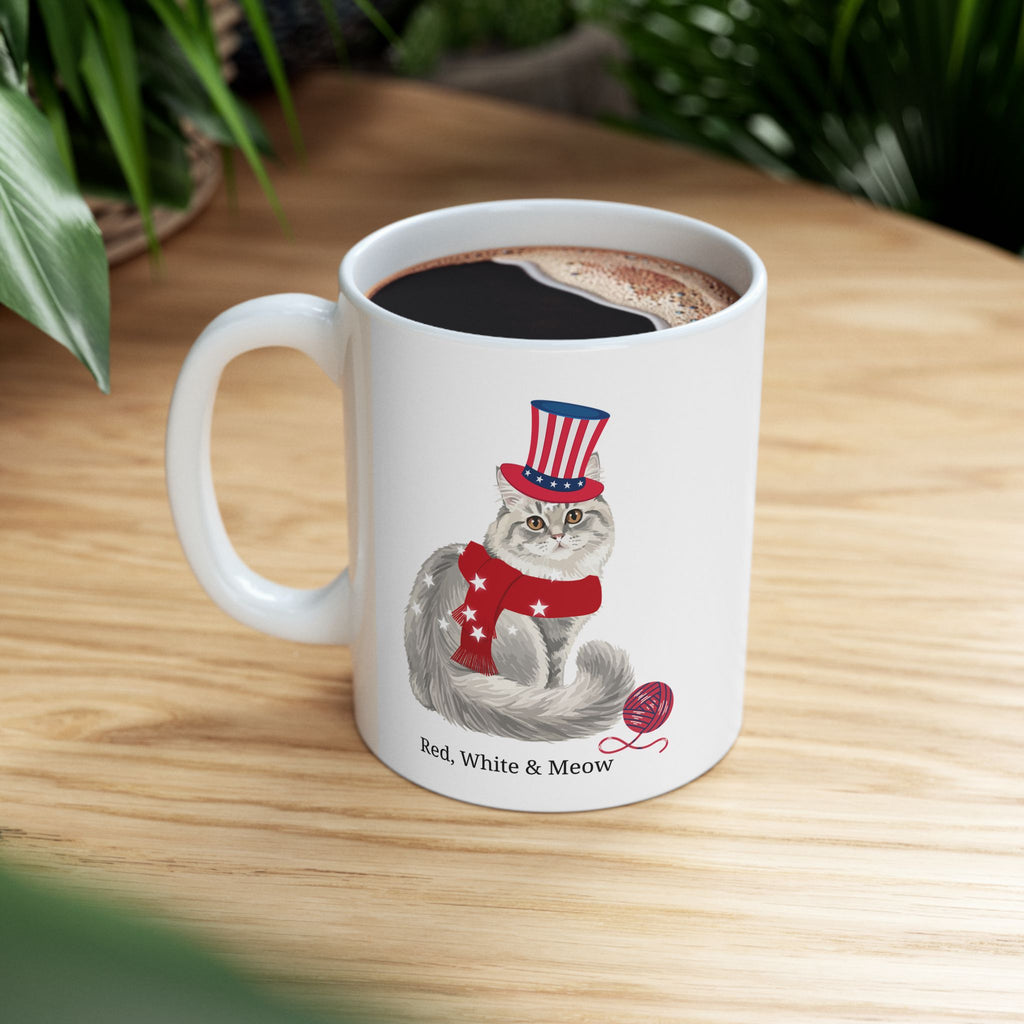 Red, White & Meow Cat Mug – Cute Patriotic USA Coffee Cup
