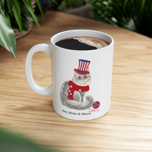 Red, White & Meow Cat Mug – Cute Patriotic USA Coffee Cup