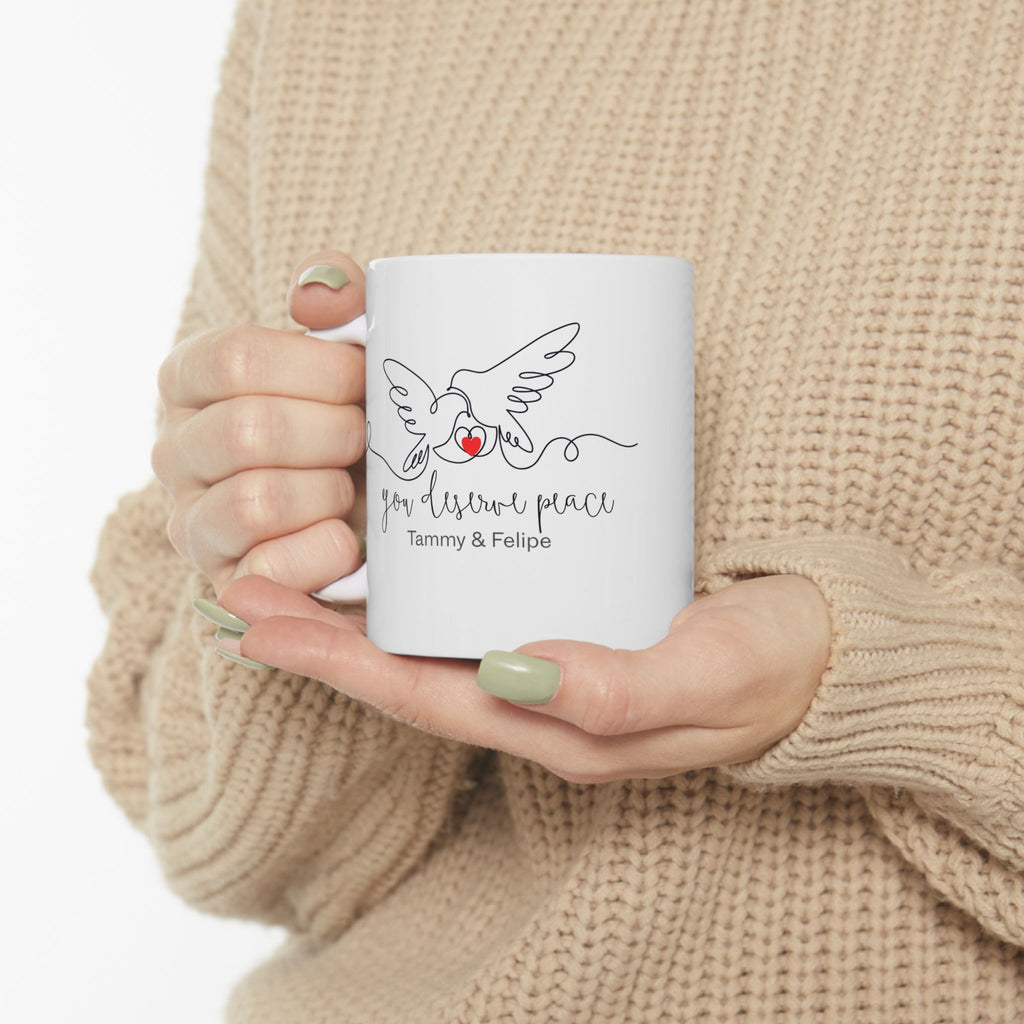 Personalized Dove Couple Mug – You Deserve Peace Line Art Love Mug with Names