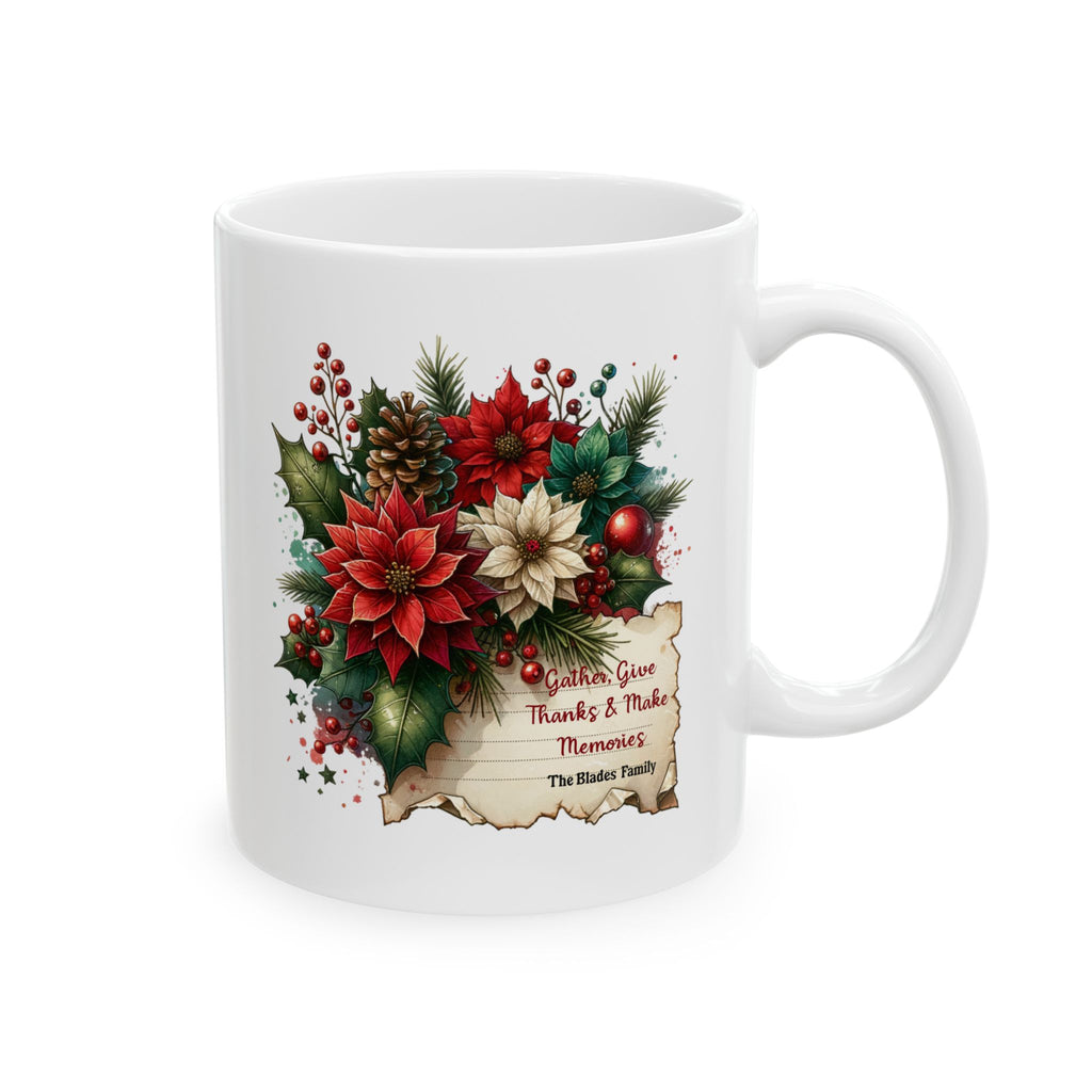 Personalized Christmas Family Mug, Custom Holiday Poinsettia Mug with Name, Thanksgiving Gift Mug