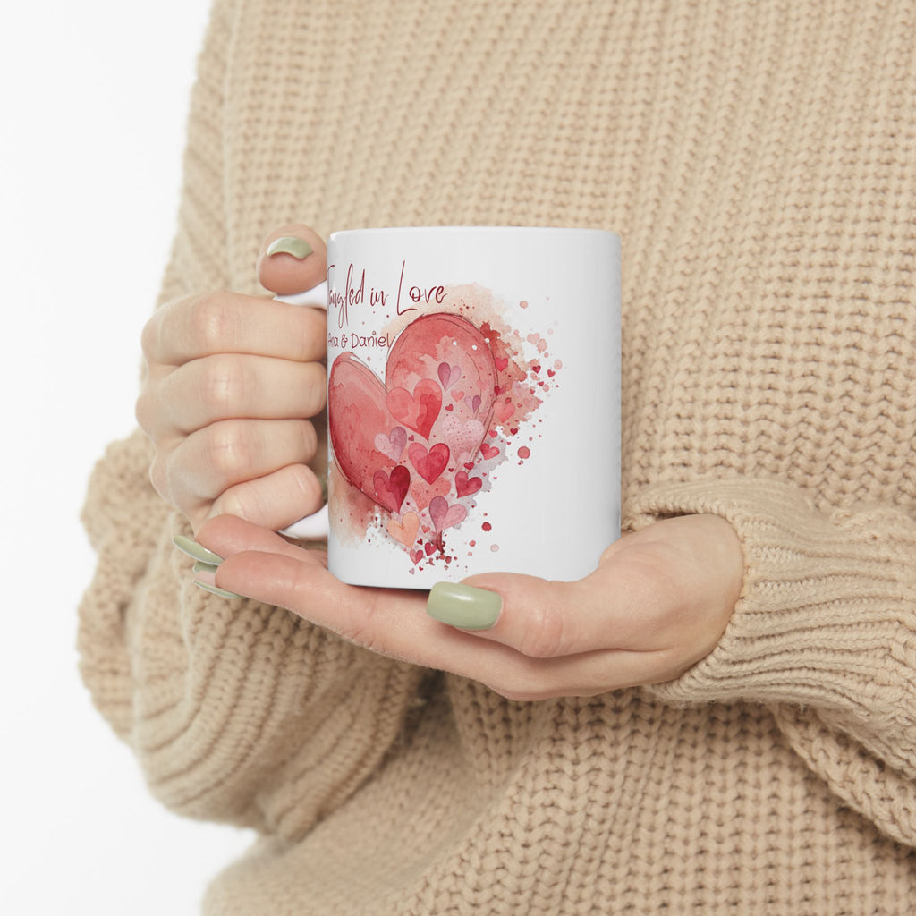 Personalized Tangled in Love Mug – Watercolor Heart Couple Gift with Names