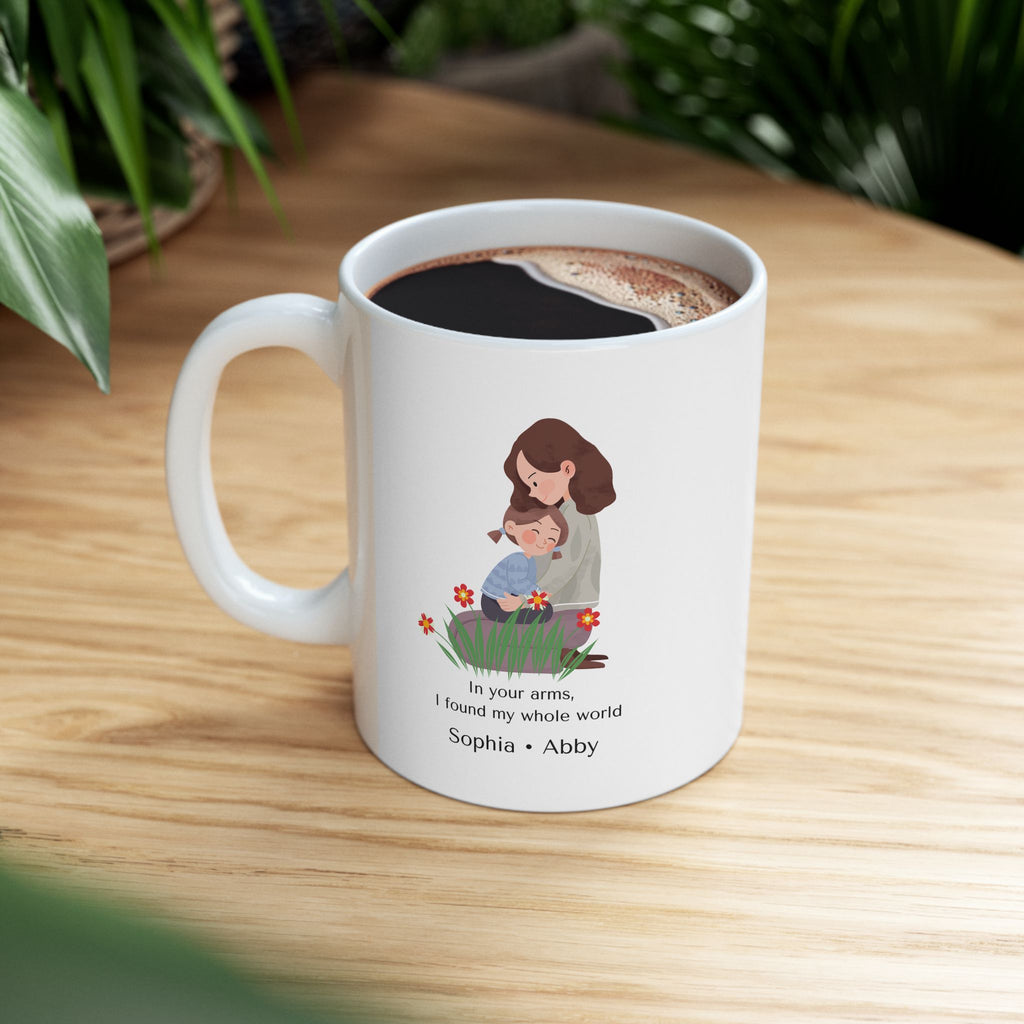 Personalized Mom Mug – “In Your Arms I Found My Whole World” – Custom Kids Names Mug – Emotional Gift for Mom