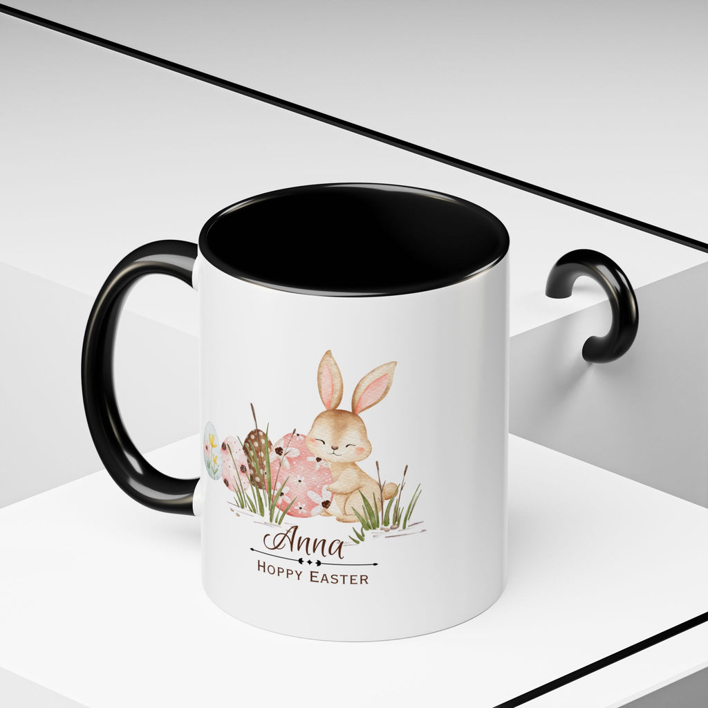 Personalized Easter Bunny Coffee Mug – Custom Name Accent Mug – “Hoppy Easter” Cute Bunny Mug – Easter Gift – Choose Your Favorite Color (11oz)
