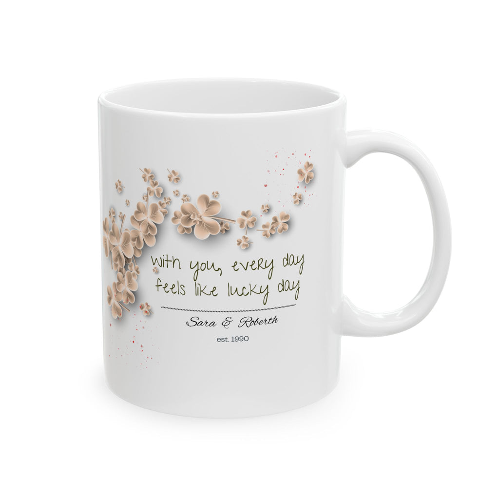 Personalized Vintage Clover Mug – Custom Couple Names & Date – Lucky Love Gift – St. Patrick’s Day, Anniversary & Relationship Present