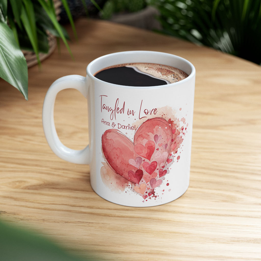 Personalized Tangled in Love Mug – Watercolor Heart Couple Gift with Names