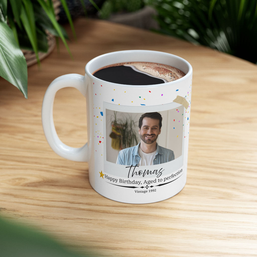 Personalized Vintage Birthday Mug – Aged to Perfection Camera Photo Design with Year