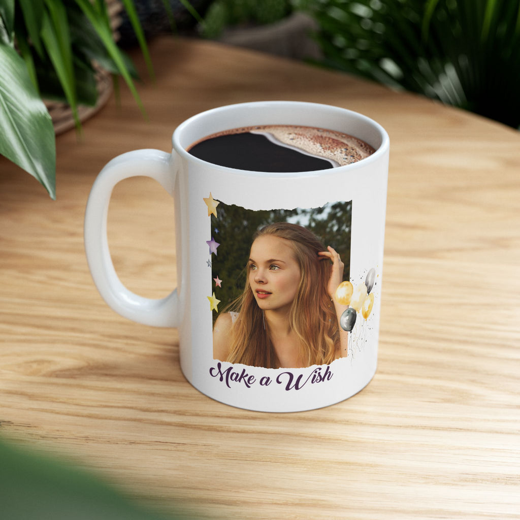 Custom Photo Birthday Mug - Personalized "Make a Wish" Coffee Mug with Picture & Balloons, Personalized Photo Mug for Birthday - "Make a Wish" Custom Picture Coffee Cup
