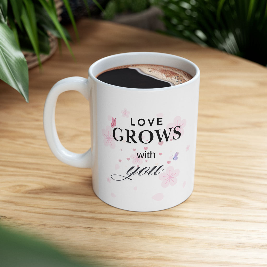 Love Grows With You Mug – Floral Heart Romantic Coffee Cup, Valentine’s Day, Anniversary & Wedding Gift