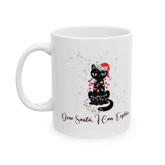 Funny Christmas Cat Mug - "Dear Santa, I Can Explain" Ceramic Coffee Cup - Holiday Gift for Cat Lovers