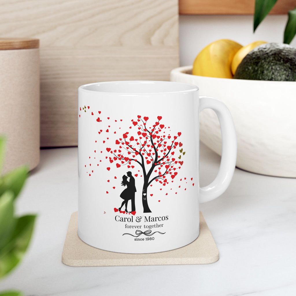 Personalized Couple Mug – Romantic Tree of Hearts Anniversary Gift with Names and Year