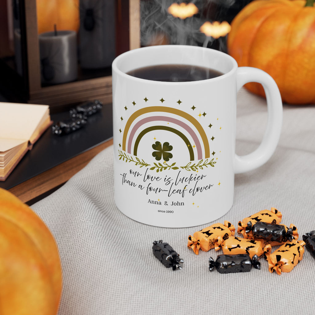 Personalized Vintage Rainbow Clover Mug – “Our Love Is More Lucky Than the Clover Leaf” – Custom Name & Year Gift – Lucky St. Patrick’s Day Mug