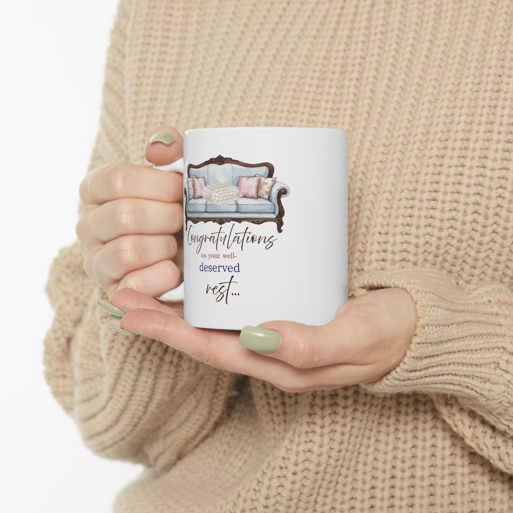 Retirement Mug – “Congratulations on Your Well-Deserved Rest”, Cozy Sofa Design, Gift for Retiree, Retirement Gift Mug