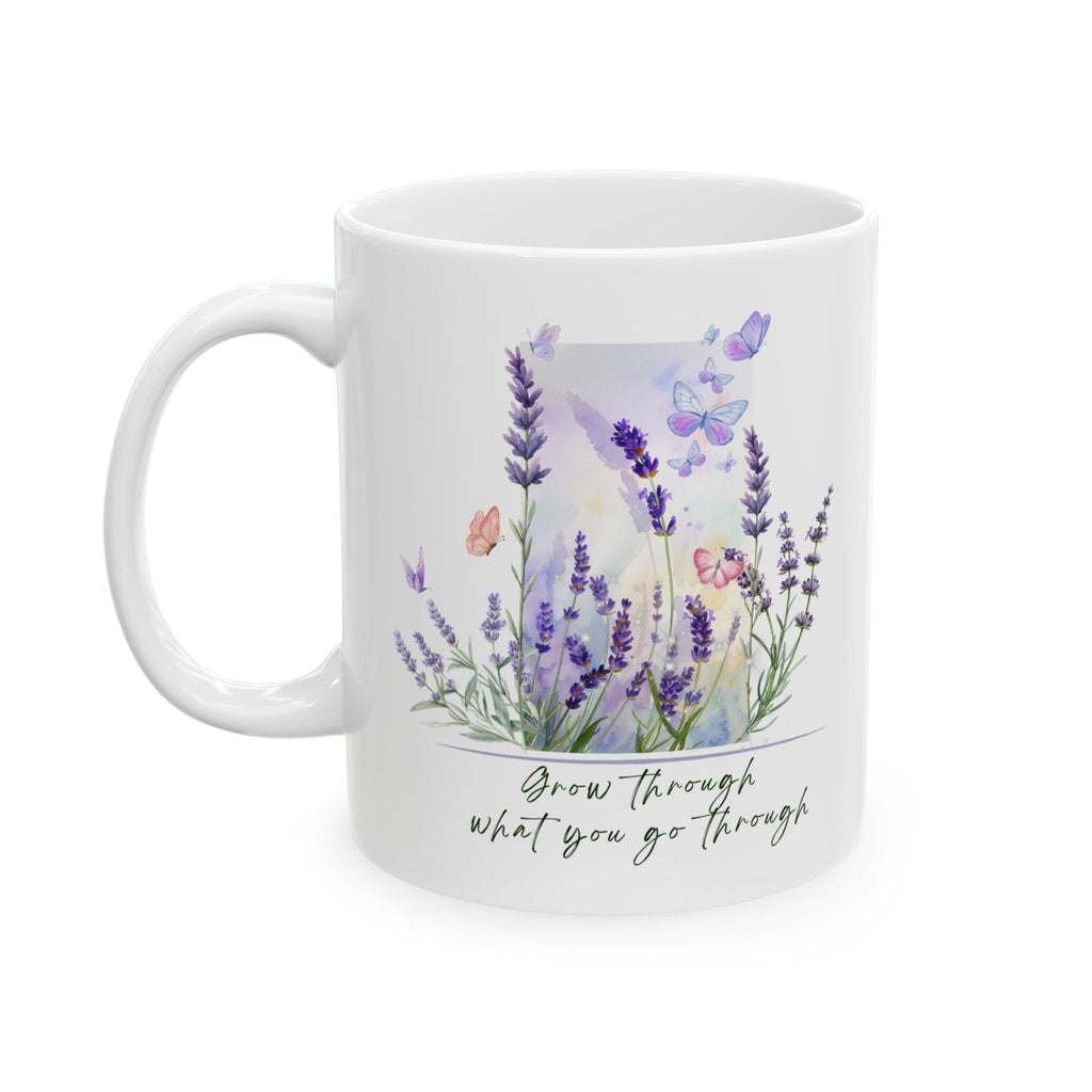 Lavender Butterfly Mug – “Grow Through What You Go Through” Inspirational Floral Coffee Cup, Meaningful Gift for Valentine’s Day, Birthday, Anniversary, Wedding