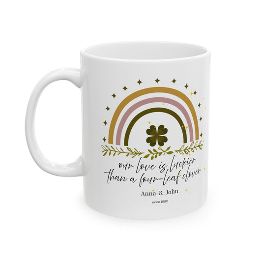Personalized Vintage Rainbow Clover Mug – “Our Love Is More Lucky Than the Clover Leaf” – Custom Name & Year Gift – Lucky St. Patrick’s Day Mug