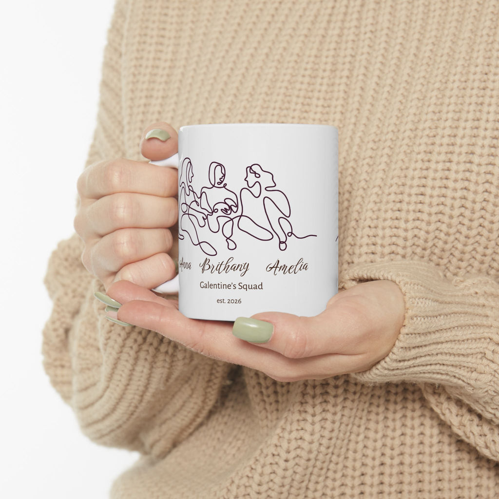 Galentine’s Squad Mug – Personalized Line Art Best Friends Mug with 3 Names, Friendship Gift for Galentine’s Day, Birthday & Anniversary