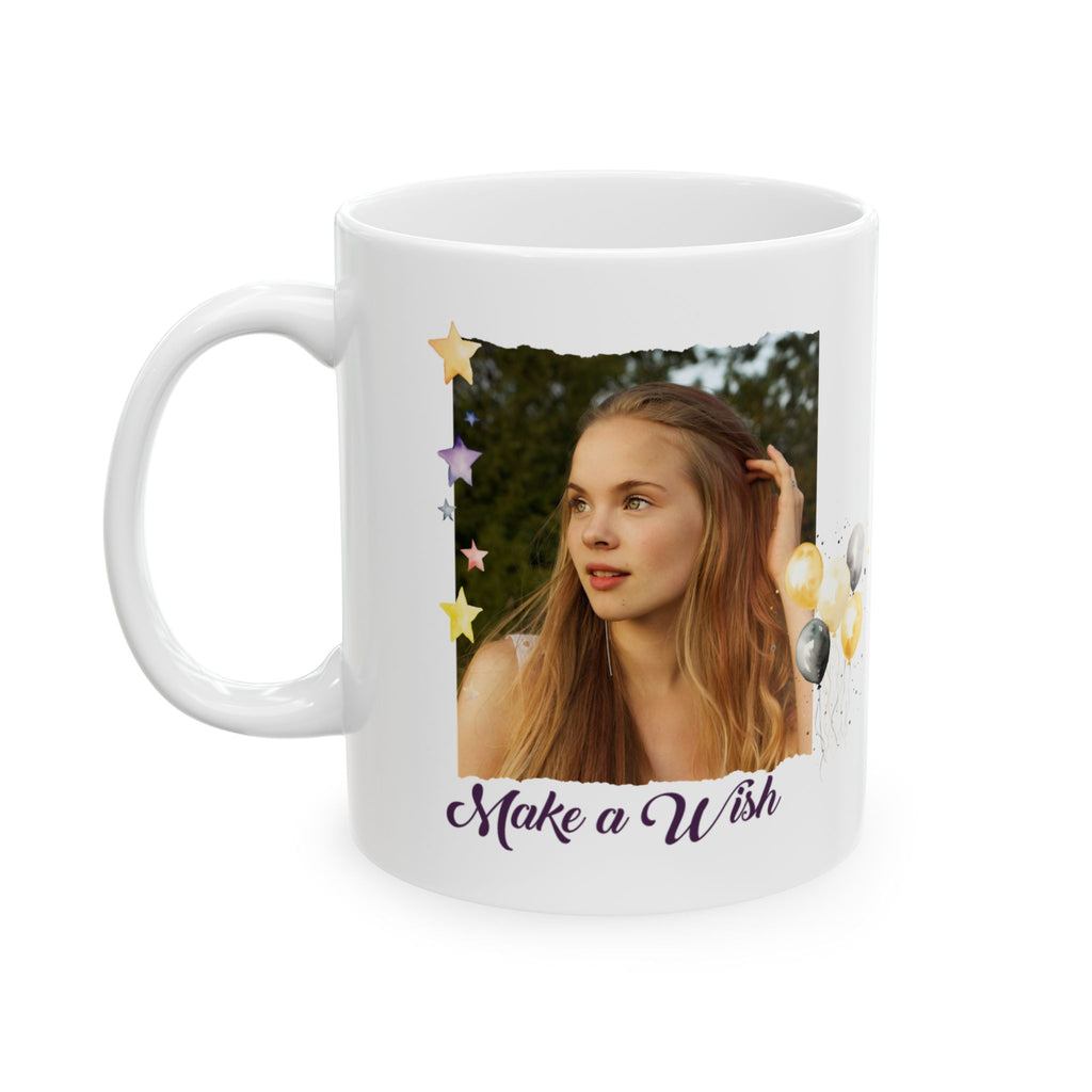 Custom Photo Birthday Mug - Personalized "Make a Wish" Coffee Mug with Picture & Balloons, Personalized Photo Mug for Birthday - "Make a Wish" Custom Picture Coffee Cup