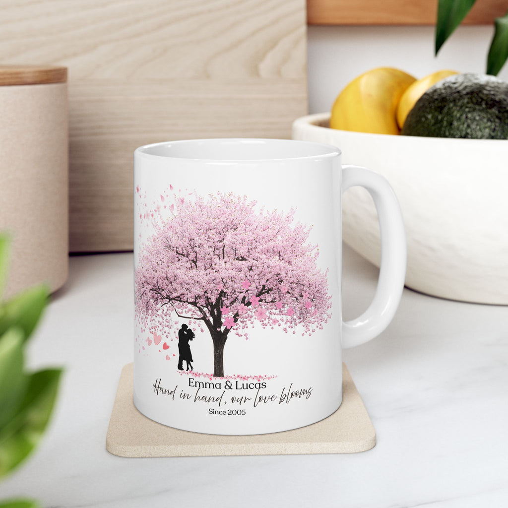 Personalized Couple Mug – Vintage Blossom Tree Love Gift with Names and Date
