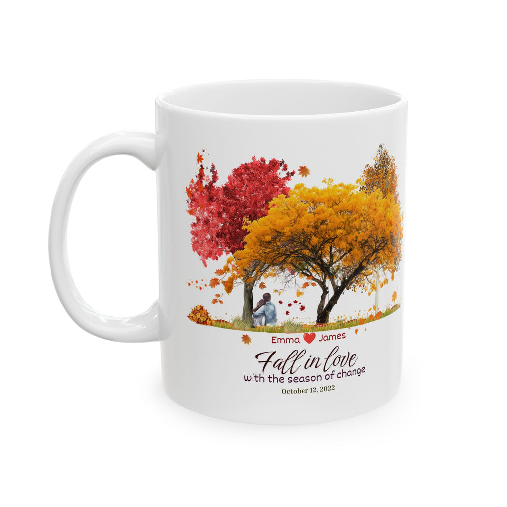 Personalized Fall Couple Mug | Custom Autumn Coffee Mug with Names & Date | Anniversary Gift for Couples | Watercolor Fall Trees Mug